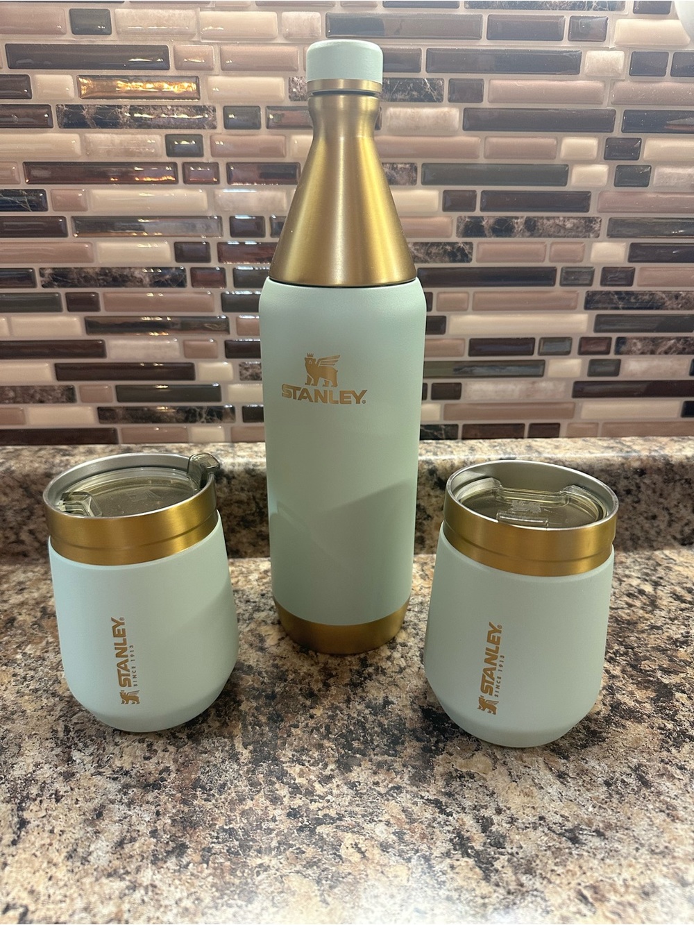 Stanley Mint and Gold Insulated Bottle with Two Matching Tumblers